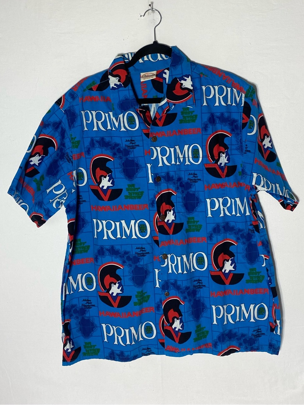 Vintage Go Barefoot Primo Beer Hawaiian Shirt XL Blue All Over Print Aloha Retro